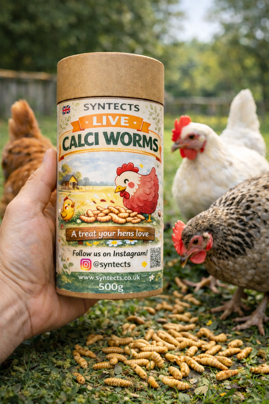 Calci worm tube in front of chickens