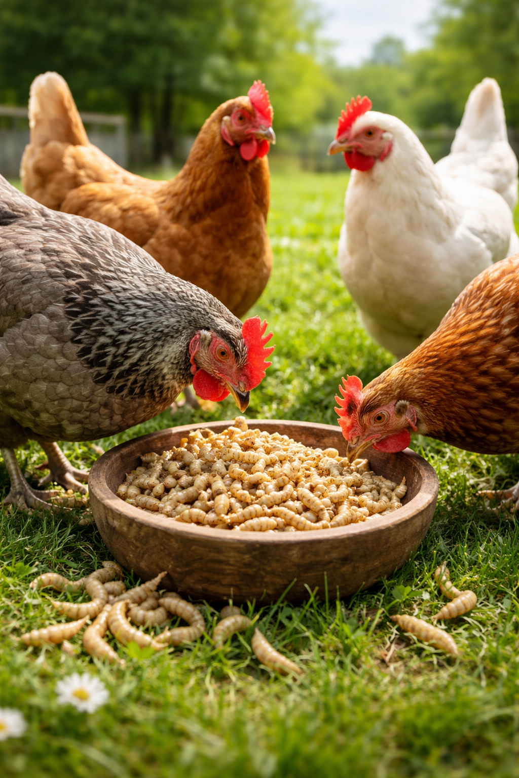 Chickens eating syntects live calci worms