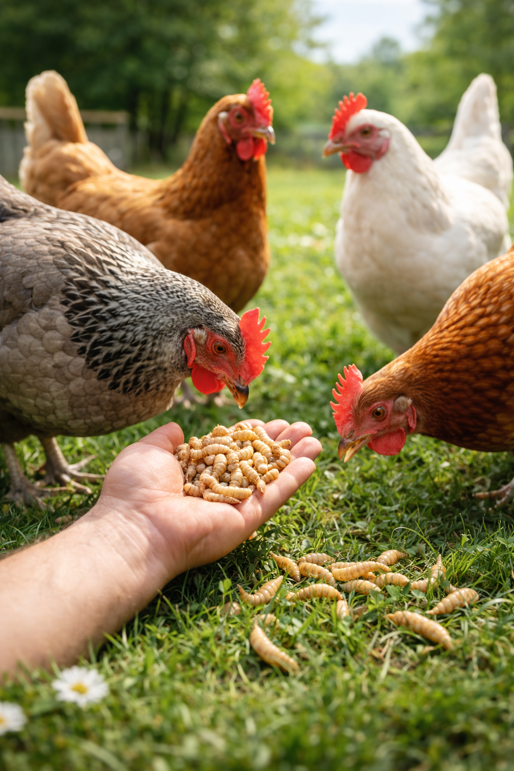 Hand feeding live calci worms to chickens
