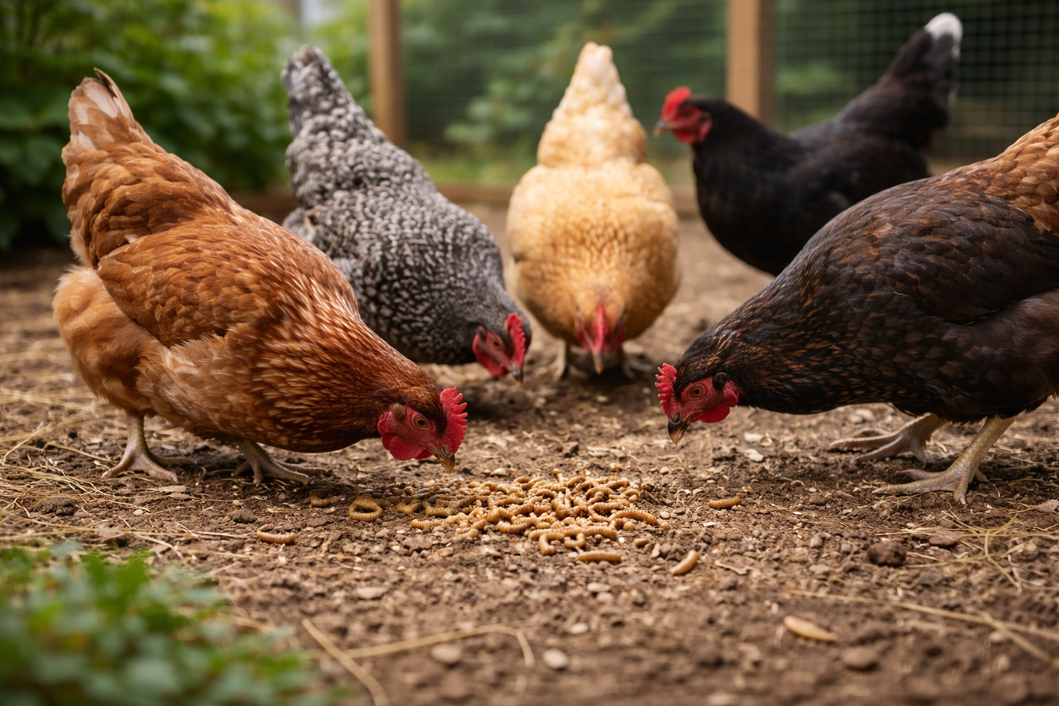 Chickens eating live calci worms